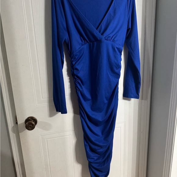 Blue Ruched Wrap Long Sleeve Dress - Picture 1 of 2